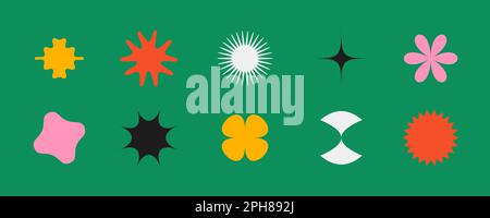 Primitive geometric shapes set. Colorful abstract stars and flowers forms in Swiss or bauhaus style. Different brutalism elements collection for posters, banners, collages. Vector signs.  Stock Vector
