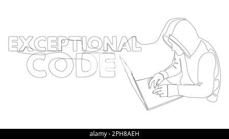 One continuous line of man with laptop and Exceptional Code text. Thin Line Illustration vector concept. Contour Drawing Creative ideas. Stock Vector