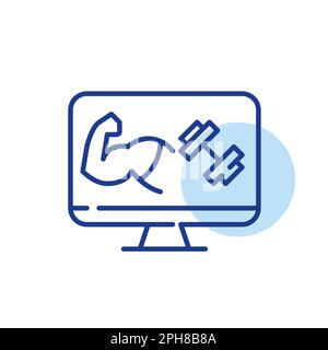 Gym fitness programme app on computer. Barbell and biceps. Pixel ...