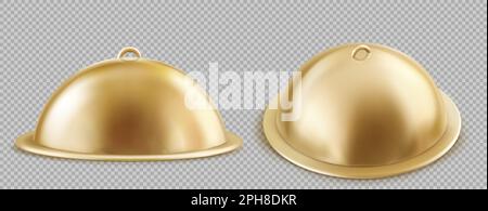 3d isolated luxury gold food tray. Dinner plate lid cover for dish in restaurant vector. Realistic closed metal platter dome for breakfast meal. Waiter service and serving equipment with hidden lunch. Stock Vector