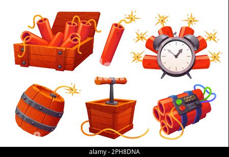 Cartoon tnt and barrel game props ui icon set in vector. Isolated bomb box and explosive dynamite asset for app interface. Time control danger stick with fuse. Military detonator on white background Stock Vector