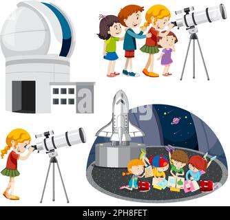 Playful Children Using Telescopes Vector Collection illustration Stock Vector