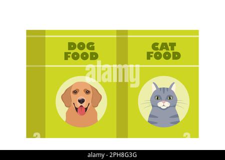 Dog or cat food packs. Packages of dry canine and feline food. Pet shop, domestic animal, care concept. Vector illustration Stock Vector