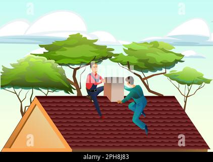 Workers work on roof. Two workers are repairing stove chimney on roof. Against backdrop of trees and sky. Service illustration Vector. Stock Vector