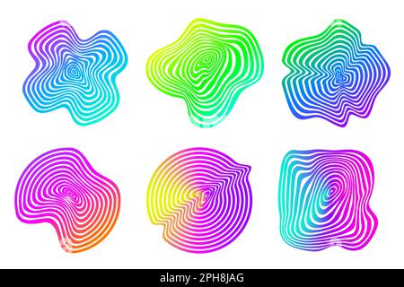 Topographic wooden tree rings patterns. Abstract organic textured circles. Circular neon shapes backgrounds. Vector annual growth slices. Stock Vector