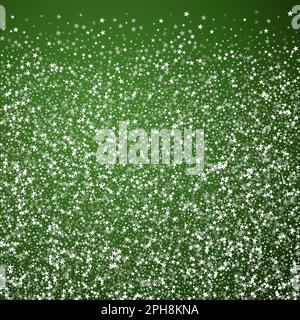Magic falling snow christmas background. Subtle flying snow flakes and stars on christmas green background. Magic falling snow holiday scenery. Square Stock Vector