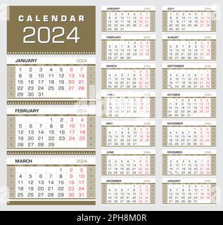 Calendar 2024. Wall quarterly calendar with week numbers. Week start from Monday. Ready for print, color - Black, Red, Gold. Vector Illustration Stock Vector