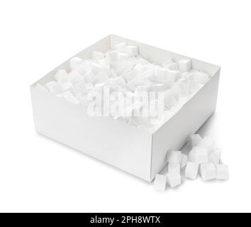 Cardboard box with styrofoam cubes isolated on white Stock Photo