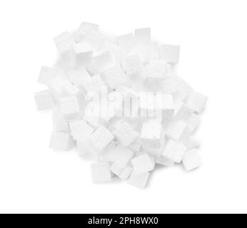 Pile of styrofoam cubes on white background, top view Stock Photo