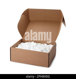 Cardboard box with styrofoam cubes isolated on white Stock Photo