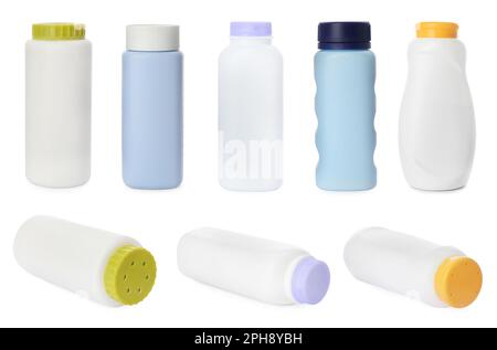 Set of baby powder bottles on white background, banner design Stock Photo