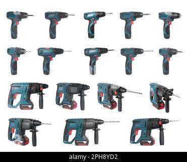 Set of modern electric drills on white background Stock Photo