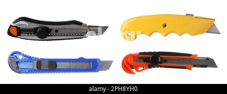Set with different utility knives on white background. Banner design Stock Photo