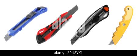 Set with different utility knives on white background. Banner design Stock Photo