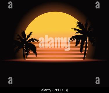Retro style tropical sunset with palm tree silhouette and gradient dark background. Classic 80s design Stock Vector