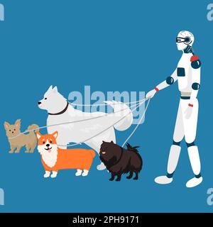 Alien robots, future technology cartoon characters. Robotic life forms, futuristic machines or cyborgs Walking the dogs vector, Stock Vector