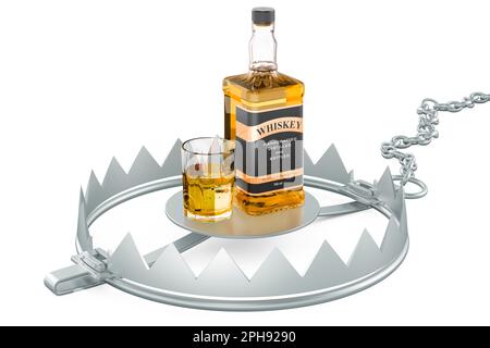 Whiskey bottle and full glass of whiskey inside bear trap. 3D rendering isolated on white background Stock Photo