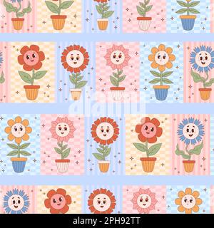 Groovy retro seamless pattern. Flowers power in pots on multi-colored background. Vector Illustration. Aesthetic modern art daisy flower for wallpaper Stock Vector