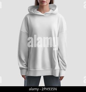 Mockup of white hoodie with pocket on girl, shirt for design. Fashionable clothes for branding, advertising, mix of street, casual style, isolated on Stock Photo