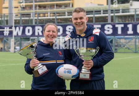 Hong Kong, China. 27th Mar, 2023. HONG KONG, HONG KONG SAR, CHINA: MARCH 27th 2023. Press conference to launch the 35th Hong Kong 10's Rugby tournament in Hong Kong football Club Causeway Bay, Hong Kong. L. Rochelle ÔRocky ÔClark, MBE, Former England international, world cup winner and EnglandÕs second most-capped player. R.Nick Easter, Former Harlequins and England international player. Alamy Live Sport/Jayne Russell Credit: Jayne Russell/Alamy Live News Stock Photo