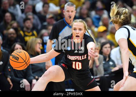 March 26, 2023: Louisville Cardinals guard Hailey Van Lith (10) going towards the basket during the NCAA women's NCAA Regional Final basketball game between Louisville and Iowa at Climate Pledge Arena in Seattle, WA. Iowa defeated Louisville 97-83 to advance to the Final 4. Steve Faber/CSM Stock Photo