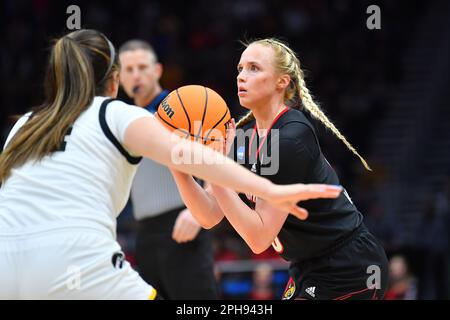 March 26, 2023: Louisville Cardinals guard Hailey Van Lith (10) eyes the basket in preparation for a shot during the NCAA women's NCAA Regional Final basketball game between Louisville and Iowa at Climate Pledge Arena in Seattle, WA. Iowa defeated Louisville 97-83 to advance to the Final 4. Steve Faber/CSM Stock Photo