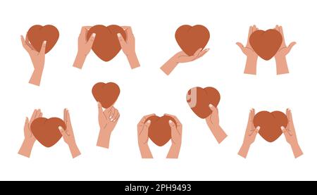 Womens hands hold red hearts Set. Concept of sharing love, donating Stock Vector