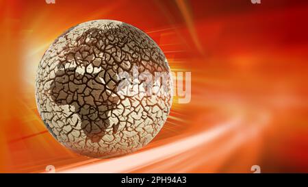 Globe with cracked soil texture on red background. Environmental damage and climate change concept. 3D illustration. Stock Photo