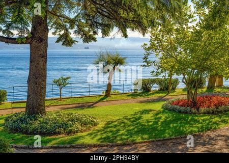 Beautiful public park in old town of Lovran at Kvarner gulf in Adriatic sea. Stock Photo