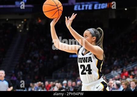 March 26, 2023: Iowa Hawkeyes guard Gabbie Marshall (24) lets one fly from the perimeter during the NCAA women's NCAA Regional Final basketball game between Louisville and Iowa at Climate Pledge Arena in Seattle, WA. Iowa defeated Louisville 97-83 to advance to the Final 4. Steve Faber/CSM Stock Photo