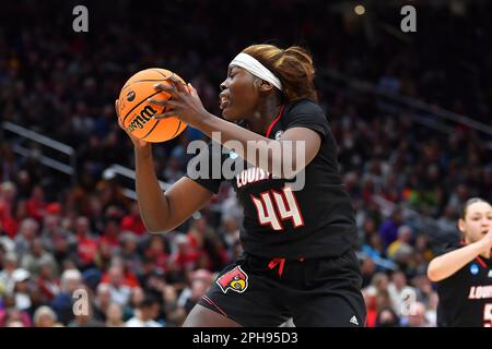 March 26, 2023: Louisville Cardinals forward Olivia Cochran (44) grabs a rebound during the NCAA women's NCAA Regional Final basketball game between Louisville and Iowa at Climate Pledge Arena in Seattle, WA. Iowa defeated Louisville 97-83 to advance to the Final 4. Steve Faber/CSM Stock Photo