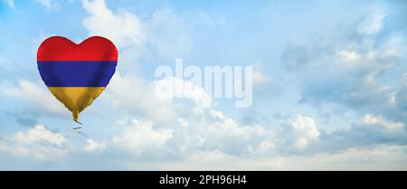 Flag of Armenia on heart-shaped balloon against sky clouds background. Education, charity, emigration, travel and learning. Armenian language concept Stock Photo