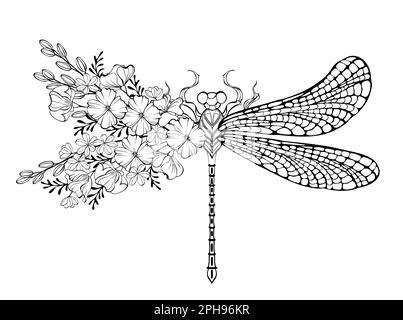 Outline, artistically drawn, floral dragonfly with wing decorated with California poppy and wild plants on white background. Coloring floral dragonfly Stock Vector