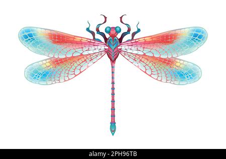 Red, realistic, symmetrical, artistically drawn, in bright colors with textured detailed wings on white background. Bright dragonfly. Stock Vector