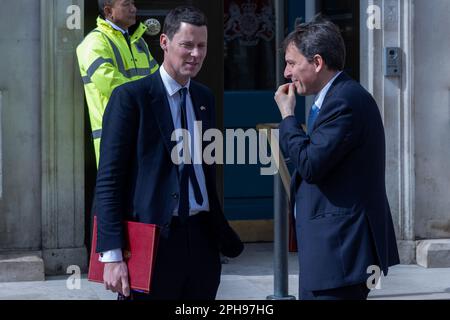 London, UK. 23rd March, 2023. Alex Chalk (l), Minister for Defence Procurement, and John Glen (r), Chief Secretary to the Treasury, leave the Cabinet Office following a meeting. Credit: Mark Kerrison/Alamy Live News Stock Photo