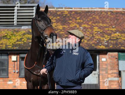 File photo dated 27-02-2020 of Trainer Paul Nicholls poses with Clans Des Obeaux. Nicholls has lost a race against time to get Clan Des Obeaux ready for Aintree. Issue date: Monday March 27, 2023. Stock Photo