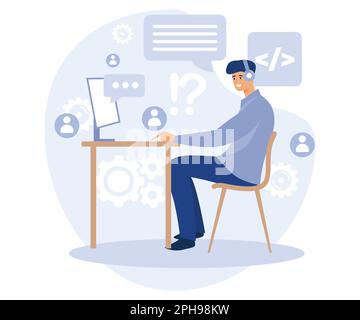 Customer service concept. Hotline operator in headset consults client. flat vector modern illustration Stock Vector