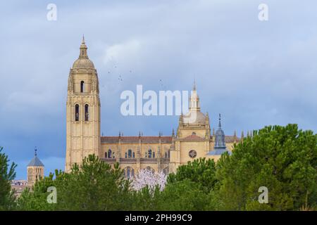 Tower of the cathedral church of Segovia with blue sky and clouds in the background and birds in flight Stock Photo