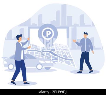 Car in Parking area concept. Tiny people looking for parking space, park automobile. flat vector modern illustration Stock Vector