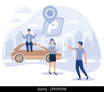 Car in Parking area concept. Tiny people looking for parking space, park automobile. flat vector modern illustration Stock Vector