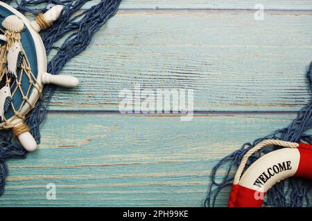 Marine Items nautical Decoration with space copy on wooden background Stock Photo