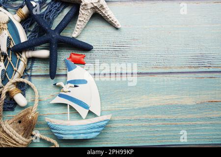 Marine Items nautical Decoration with space copy on wooden background Stock Photo