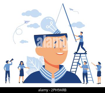 creative idea in head, teamwork brainstorming, ideological thinking to solve and create new innovative projects, idea concept light bulb brain, flat v Stock Vector