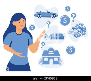 Person deciding how to spend money, planning purchases. Making choice, decision in finance concept. Woman choosing, thinking about expenses, flat vect Stock Vector