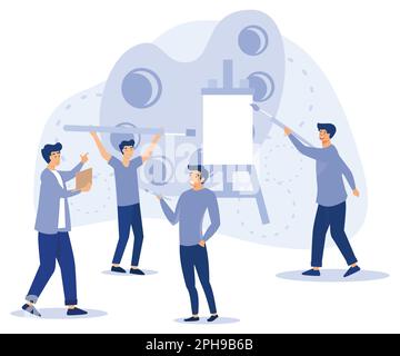 Artist. Art school or studio. Tiny people artists with canvas on easel, big pallete and brushes. Art workshop. Artist create picture, flat vector mode Stock Vector