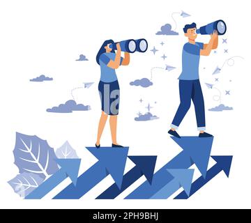 teamwork vision path goal success. study horizons company work finding ways develop. people stand profit, growth arrows look binoculars, flat vector m Stock Vector