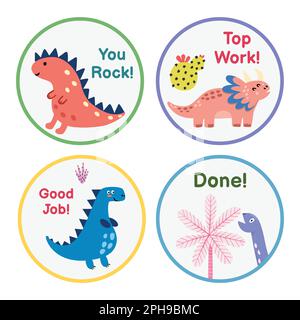 Reward stickers collection with cute dinosaurs. Teachers award badges with funny dinos Stock Vector