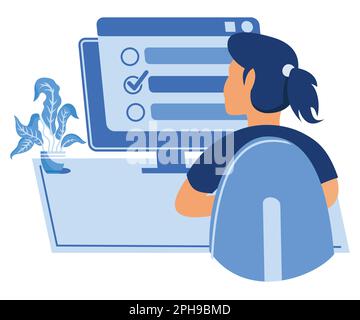 Person choosing answer in online test on computer screen. Man student checking knowledge via internet, passing digital exam, quiz, flat vector modern Stock Vector