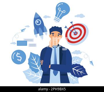 leader success working multitasking. confident businessman. overhead character rocket startup target light bulb as idea and checkbox. flat vector mode Stock Vector
