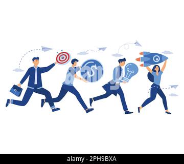 entrepreneurship teamwork on start up project startup. people run rocket ,investments ,ideas new project launch metaphor. company launches new acceler Stock Vector